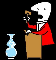 Clip showing Auctioneer in red jacket with gavel over lectern and glass vase at the front of the auctioneer.