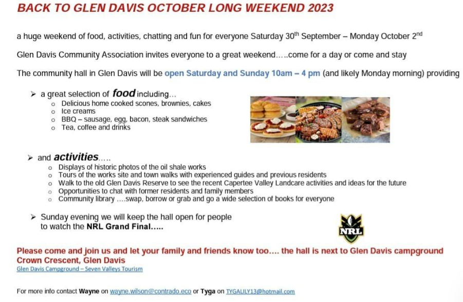 Glen Davis Association long weekend activities.