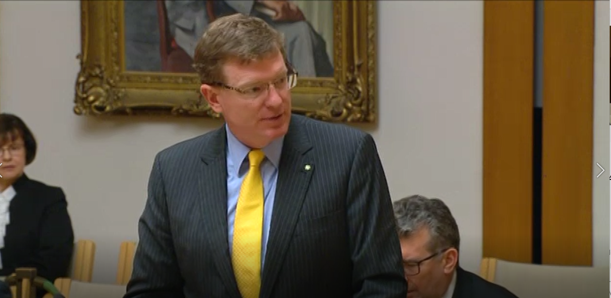 Andrew Gee, Member of Commonwealth of Australia Parliament in the Federal Electorate Calare of Central West NSW. He is giving a commendation of the Capertee and District Progress Association in Parliament in Canberra