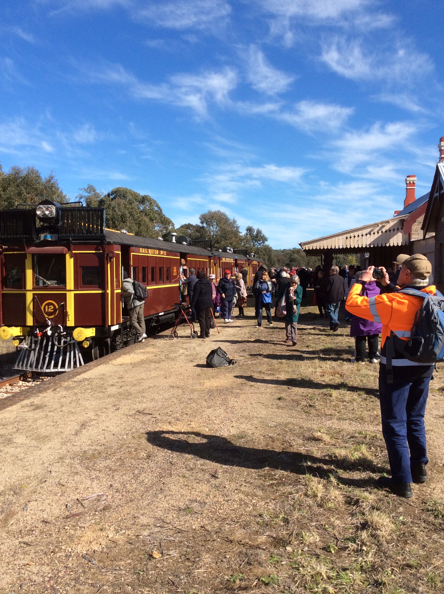 Rail motor from Lithgow disembarking passengers at Capertee Railway Station hired for Capertee Hall 60th Birthday celebration in 2016.
