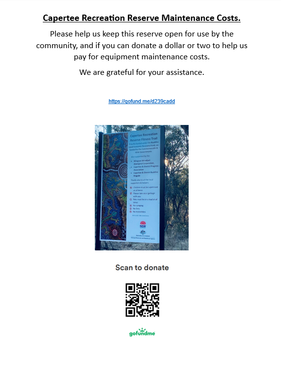 Picture of the GoFundMe Capertee Recreation Reserve maintenance costs brochure. It has the words “Capertee Recreation Reserve Maintenance Costs” Followed by the webpage address “https://gofund.me/d239cadd”. Below the address is the wording “Please help us keep this reserve open for use by the community, and if you can donate a dollar or two to help us pay for equipment maintenance costs. We are grateful for your assistance.” Below that is the image of the Capertee Reserve Fitness Trail sign. Underneath the picture is the wording “Scan to donate!” On the next line is the QR code to donate and it is followed by the GoFundMe logo.
