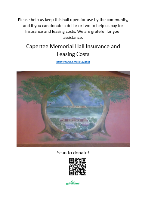 Picture of the GoFundMe Capertee Hall maintenance costs brochure. It has the words “Capertee Memorial Hall Insurance and Leasing Costs” Followed by the webpage address “https://gofund.me/c137ad1f”. Below the address is the wording “Please help us keep this hall open for use by the community, and if you can donate a dollar or two to help us pay for Insurance and leasing costs. We are grateful for your assistance.” Below that is the image of the Mary Jo Knox mural. Underneath the mural is the wording “Scan to donate!” On the next line is the QR code to donate and it is followed by the GoFundMe logo.