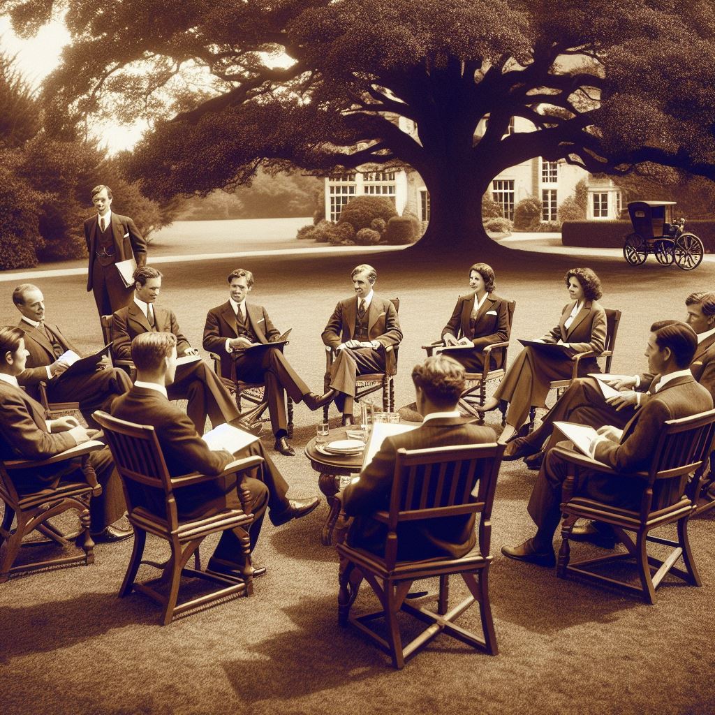 AI generated image of a board meeting with people sitting in their seats in a circle. They are backyard near a tree with a house in the background.