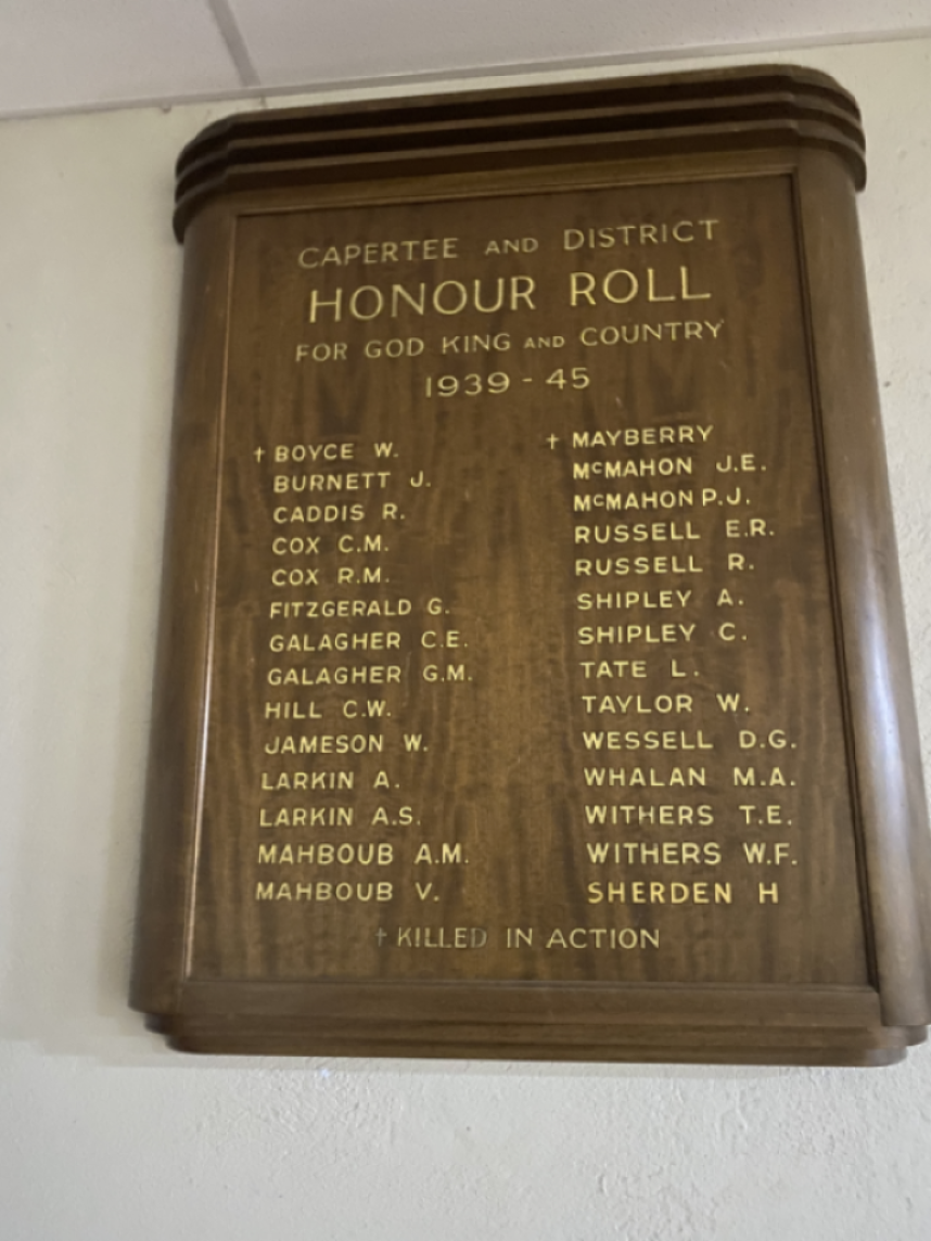 Picture of Capertee and District Honour Roll of Honour that served in the 2nd world war for God, King and Country 1939-1945. It lists 28 people.