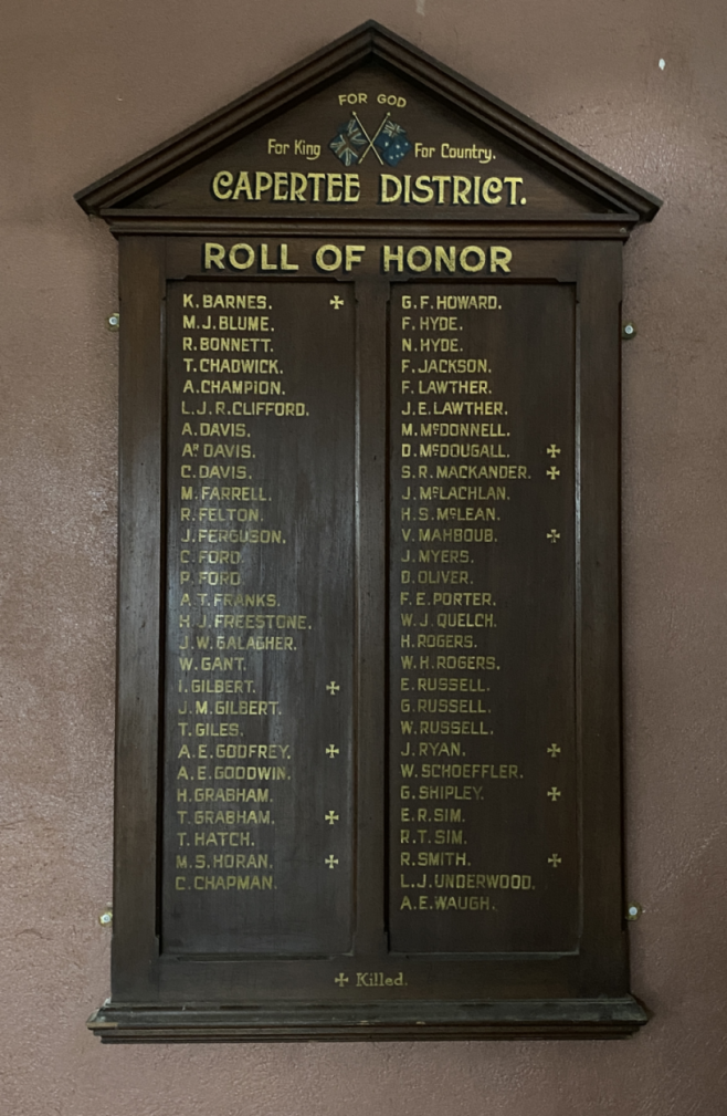 Picture of Capertee District Roll of Honour that served for God, for King and for Country. It lists 57 people.