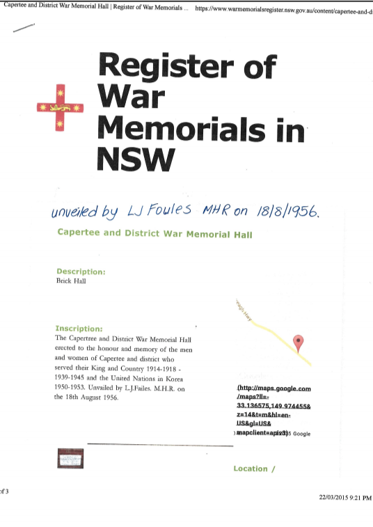 Capertee Hall registration certificate for recognition as War memorial. The certificate has ‘War memorials in NSW’ logo at the top of the page then in handwriting after that is the words “unveiled by LJ. Foules on 18/8/1956” The Next line has the words in Type print “Capertee and District War memorial Hall.” This is then Followed by “Description- Brick”. Underneath that is “inscription – The Capertee and District War memorial Hall erected to the honour and memory of the men who served their King and Country 1914-1918, 1939-1945 and the United Nations in Korea 1950-1953.Unveiled by LJ Failes MHR on 18/8/1956.” The certificate is then imprinted with the website registration details.