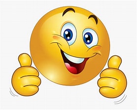 A yellow smiley face emoji with eyebrows and wide open mouth smile with 2 hands below it with thumbs up.